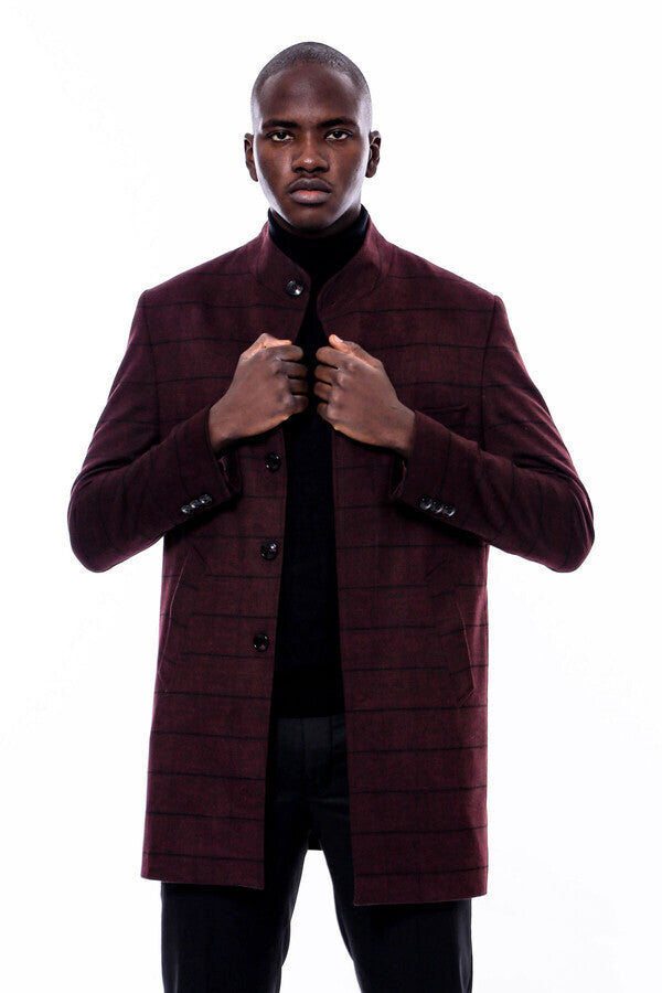 WSS Mandarin Collar Burgundy Checked Coat  - Blue Springs