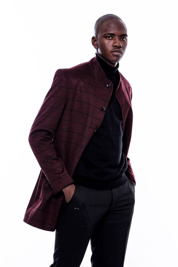 WSS Mandarin Collar Burgundy Checked Coat  - Blue Springs