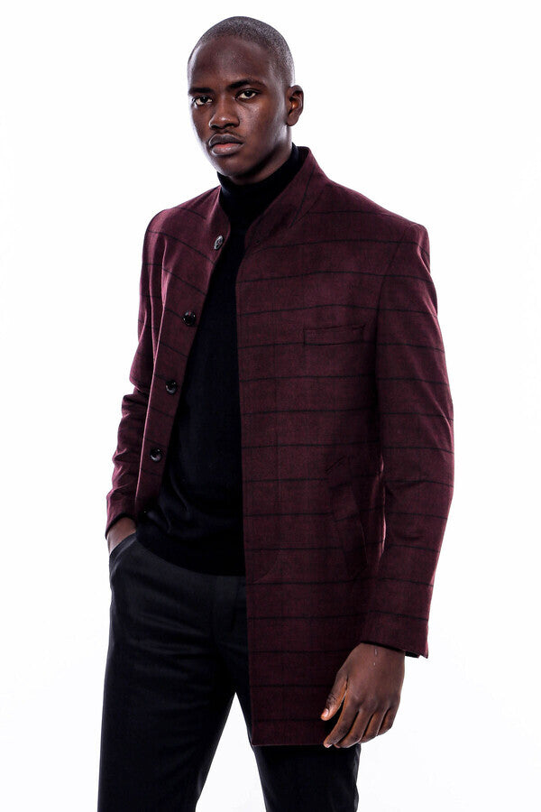 WSS Mandarin Collar Burgundy Checked Coat  - Blue Springs