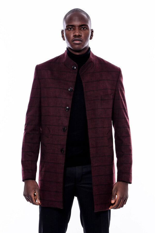 WSS Mandarin Collar Burgundy Checked Coat  - Blue Springs
