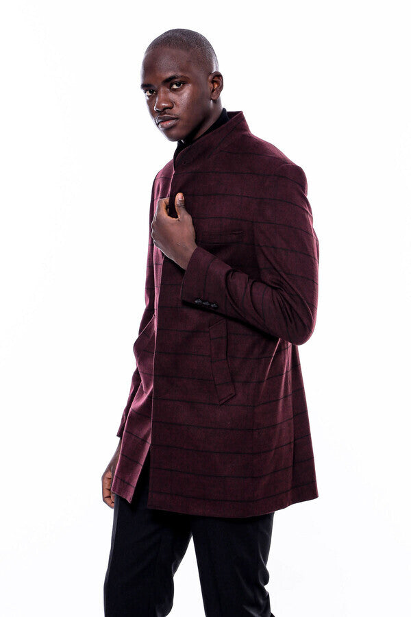 WSS Mandarin Collar Burgundy Checked Coat  - Blue Springs