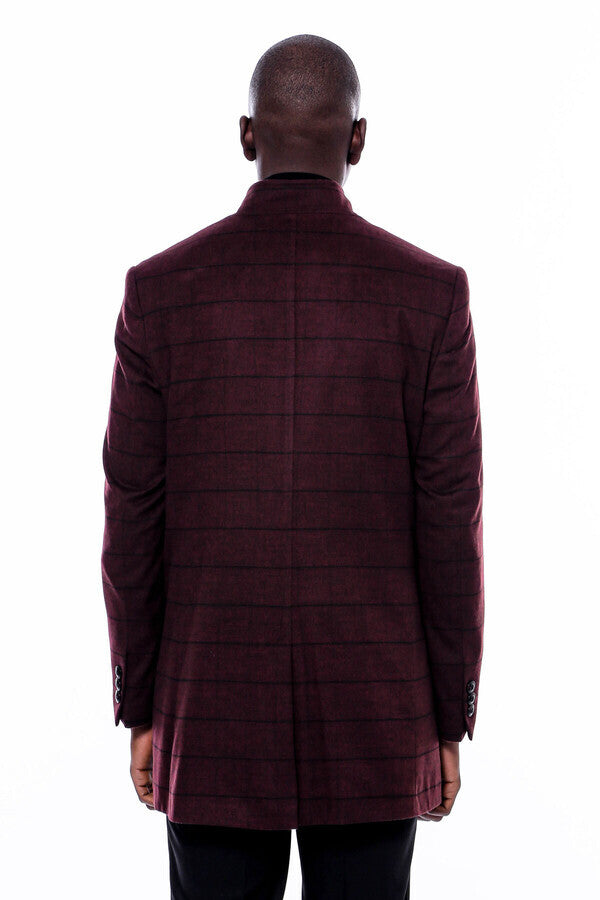 WSS Mandarin Collar Burgundy Checked Coat  - Blue Springs