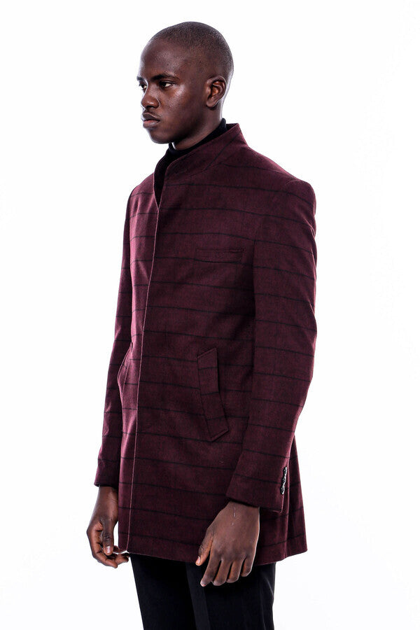 WSS Mandarin Collar Burgundy Checked Coat  - Blue Springs