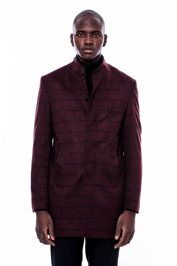 WSS Mandarin Collar Burgundy Checked Coat  - Blue Springs