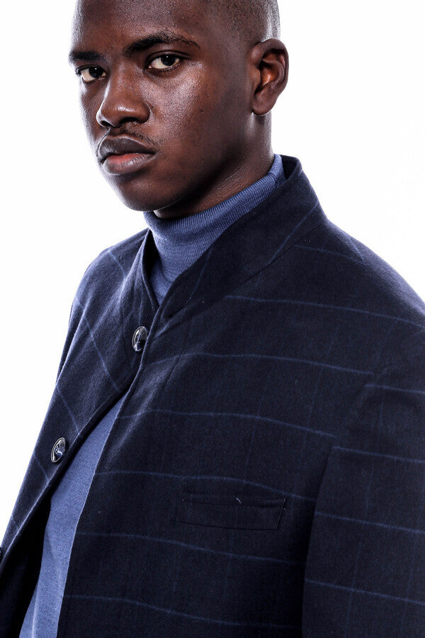 WSS Mandarin Collar Navy Checked Coat  - Bila Tserkva