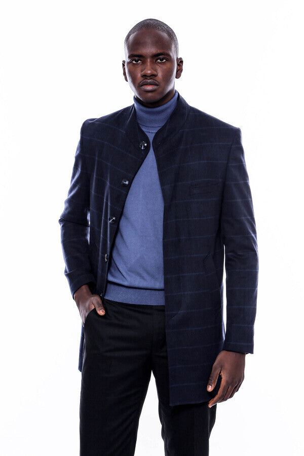 WSS Mandarin Collar Navy Checked Coat  - Bila Tserkva