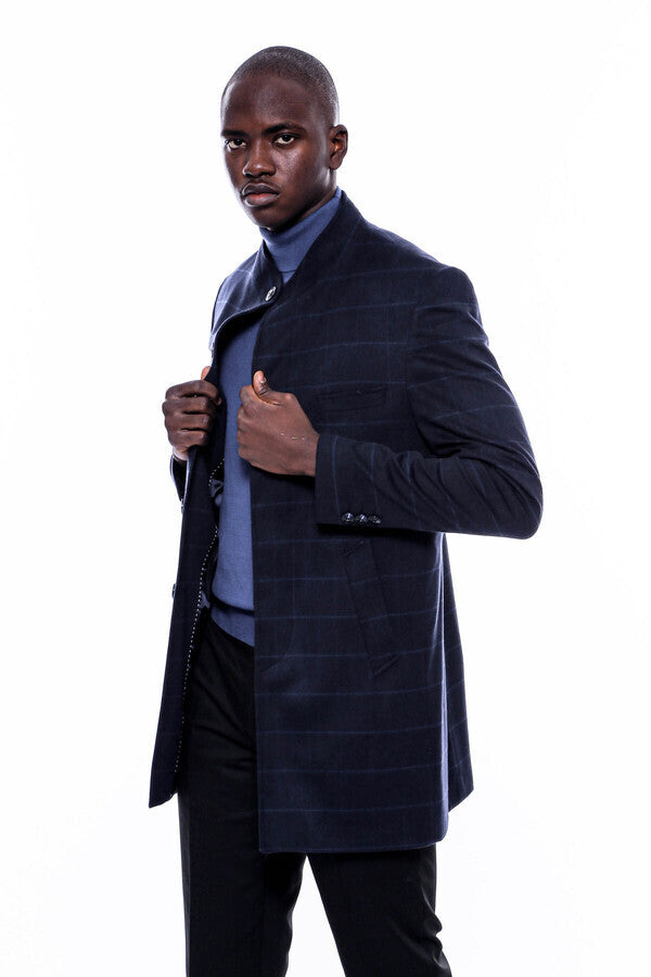 WSS Mandarin Collar Navy Checked Coat  - Bila Tserkva