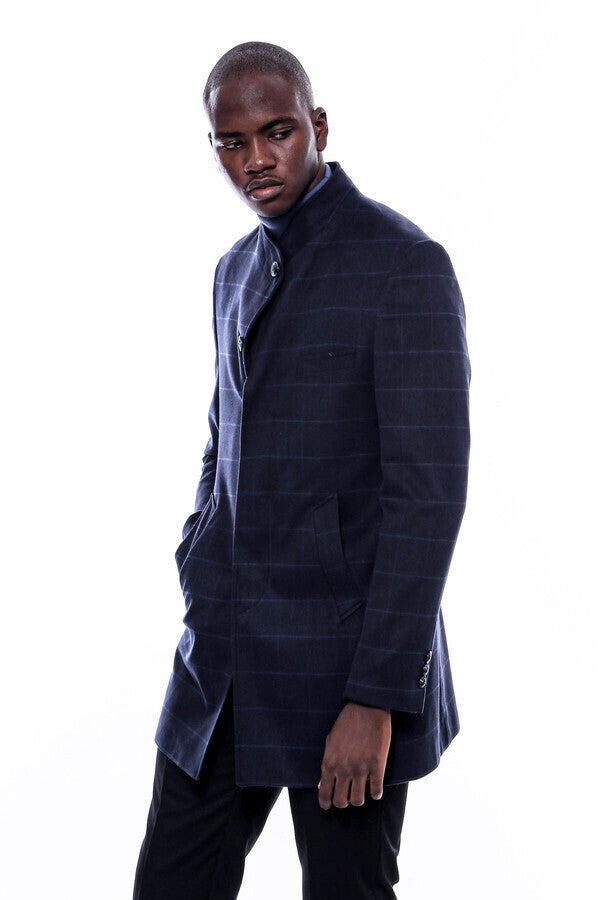 WSS Mandarin Collar Navy Checked Coat  - Bila Tserkva