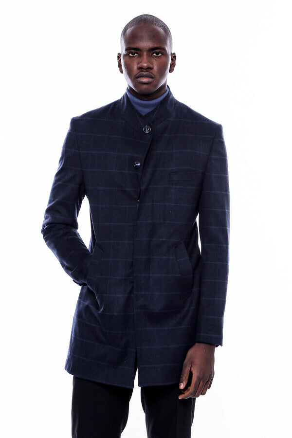 WSS Mandarin Collar Navy Checked Coat  - Bila Tserkva