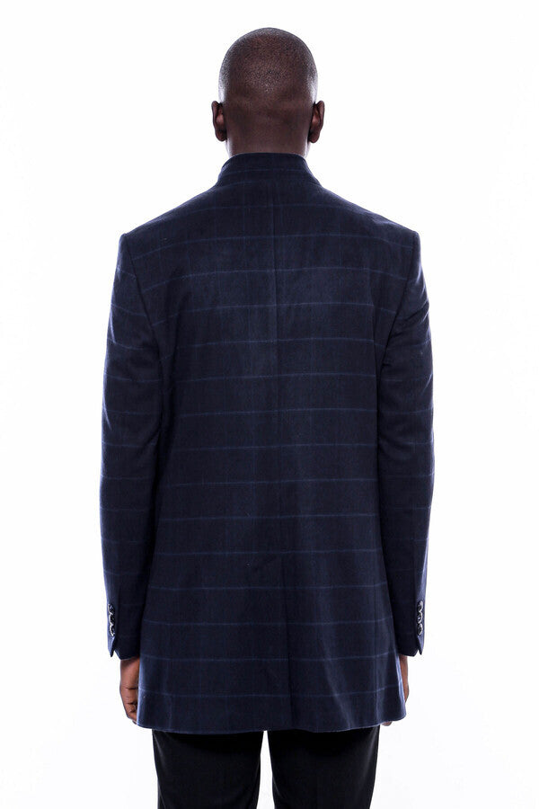 WSS Mandarin Collar Navy Checked Coat  - Bila Tserkva