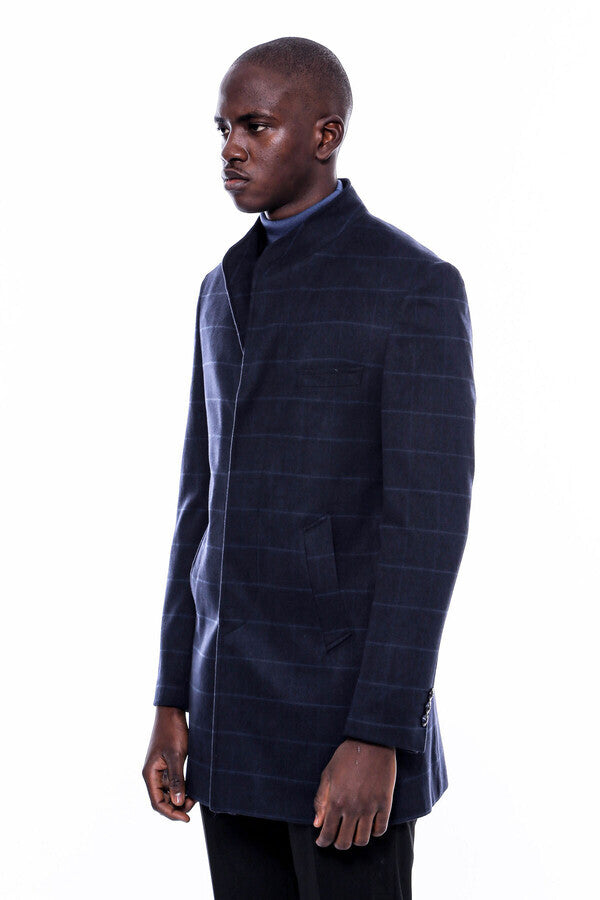 WSS Mandarin Collar Navy Checked Coat  - Bila Tserkva