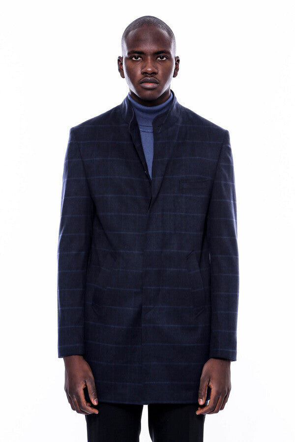 WSS Mandarin Collar Navy Checked Coat  - Bila Tserkva
