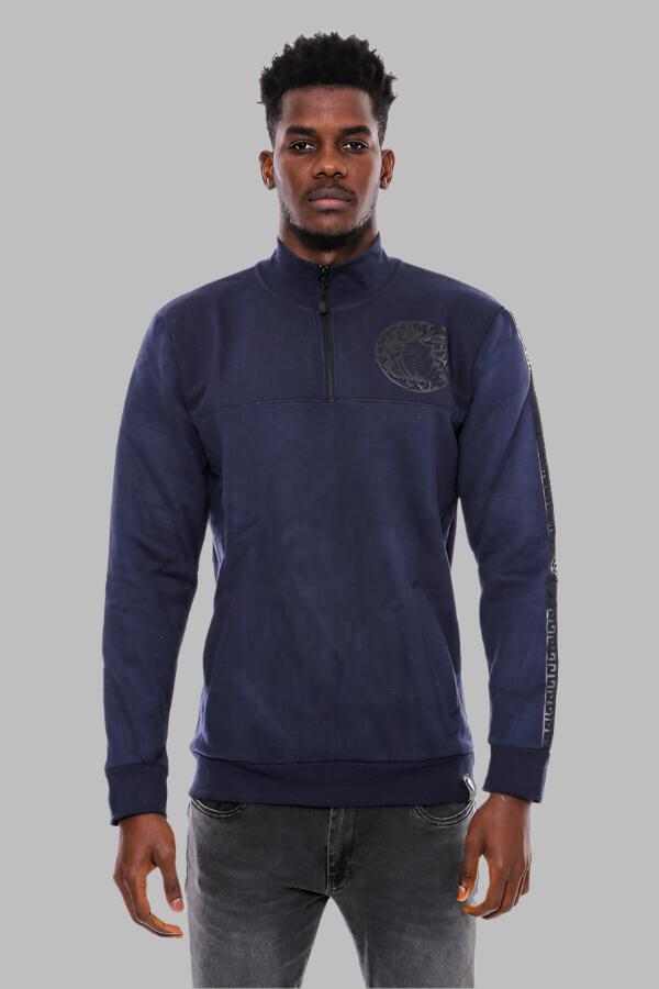 WSS Mandarin Collar Slim Fit Navy Blue Sweatshirt  - Singen