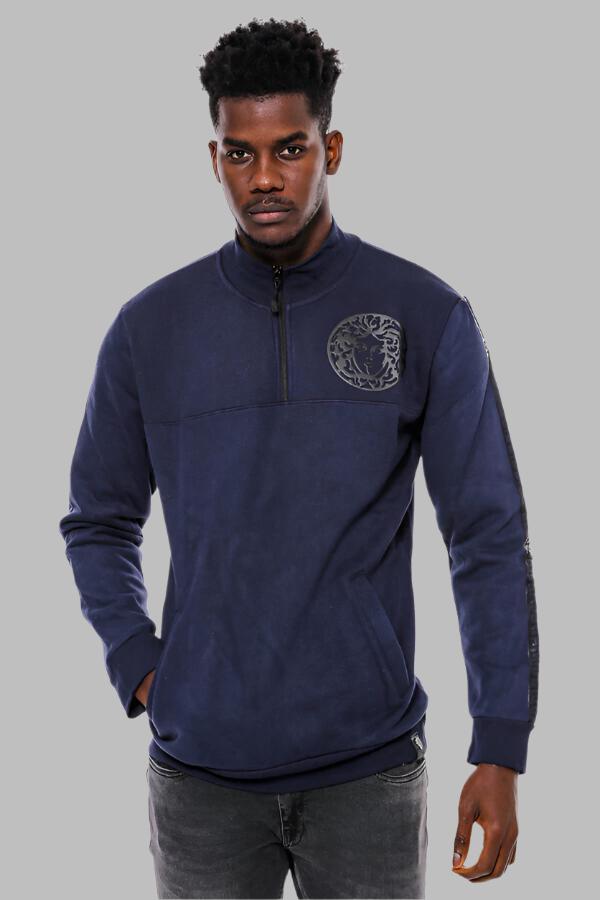 WSS Mandarin Collar Slim Fit Navy Blue Sweatshirt  - Singen