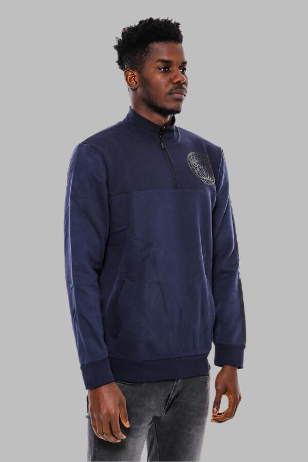 WSS Mandarin Collar Slim Fit Navy Blue Sweatshirt  - Singen