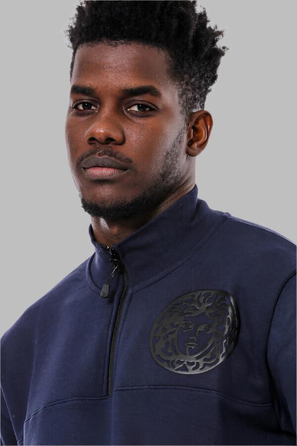 WSS Mandarin Collar Slim Fit Navy Blue Sweatshirt  - Singen