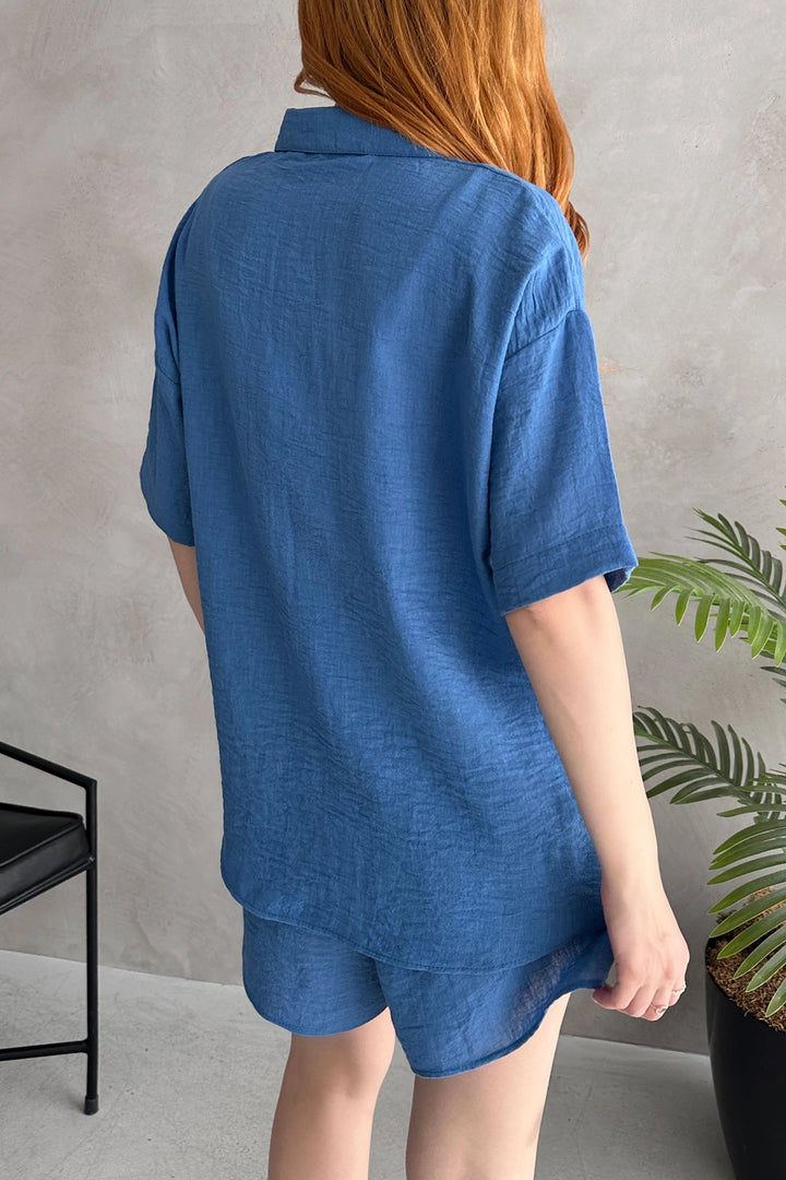 Blue Aerobin Linen Short Sleeve T-shirt and Shorts Set BCDF-253608 - Fond du Lac