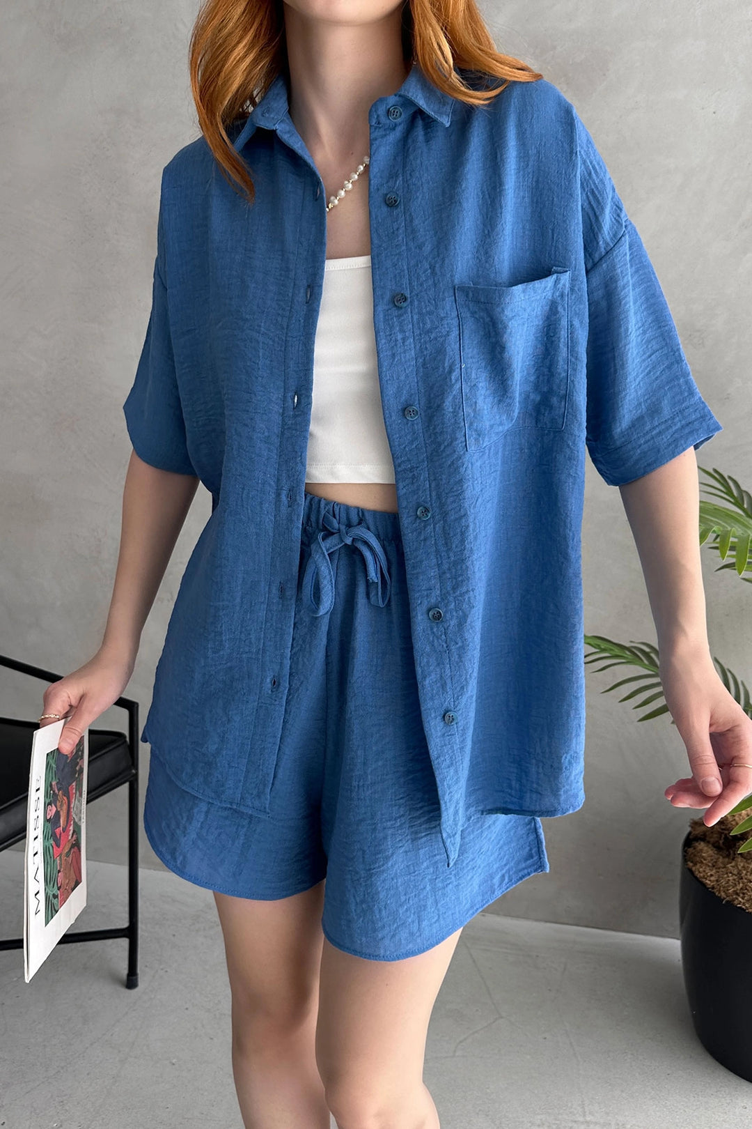 Blue Aerobin Linen Short Sleeve T-shirt and Shorts Set BCDF-253608 - Fond du Lac