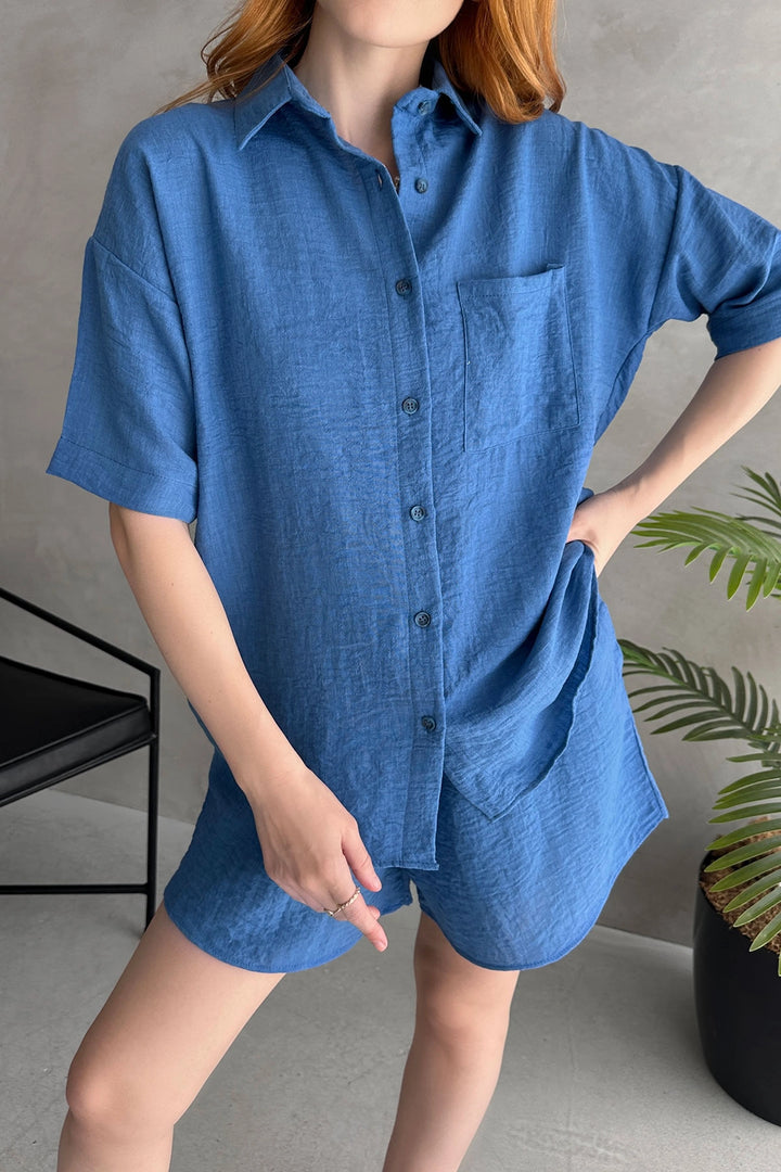 Blue Aerobin Linen Short Sleeve T-shirt and Shorts Set BCDF-253608 - Fond du Lac