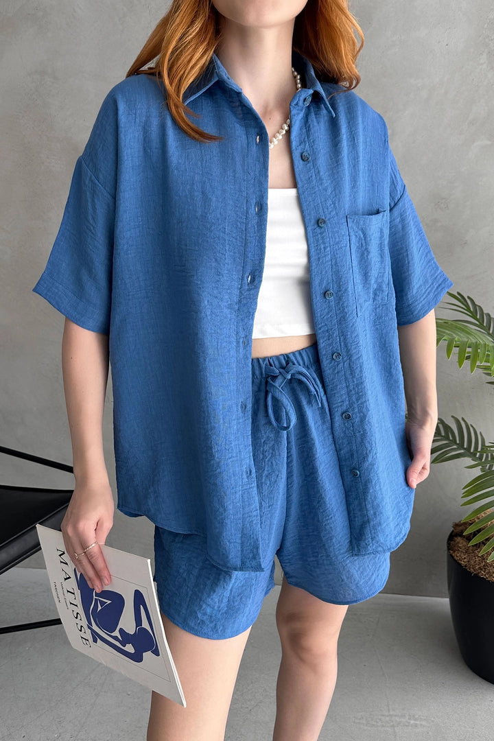 Blue Aerobin Linen Short Sleeve T-shirt and Shorts Set BCDF-253608 - Fond du Lac