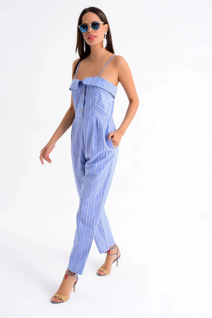 Blue Sleeveless Striped Buttoned Jumpsuit BCBSK-25700-K4200 - Menifee