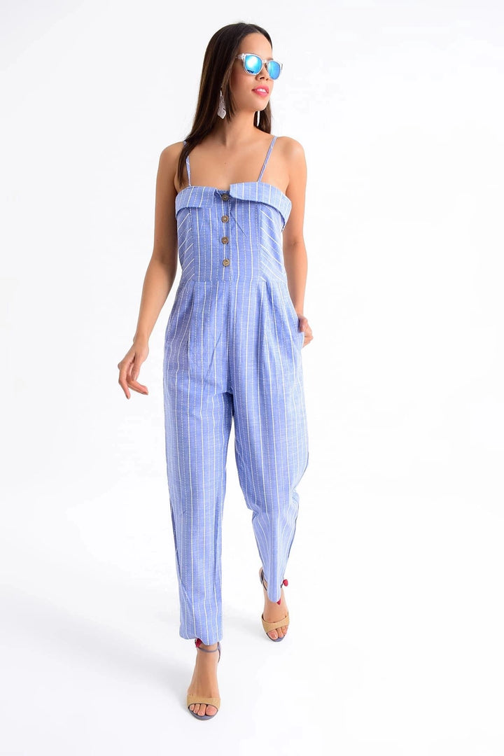 Blue Sleeveless Striped Buttoned Jumpsuit BCBSK-25700-K4200 - Menifee