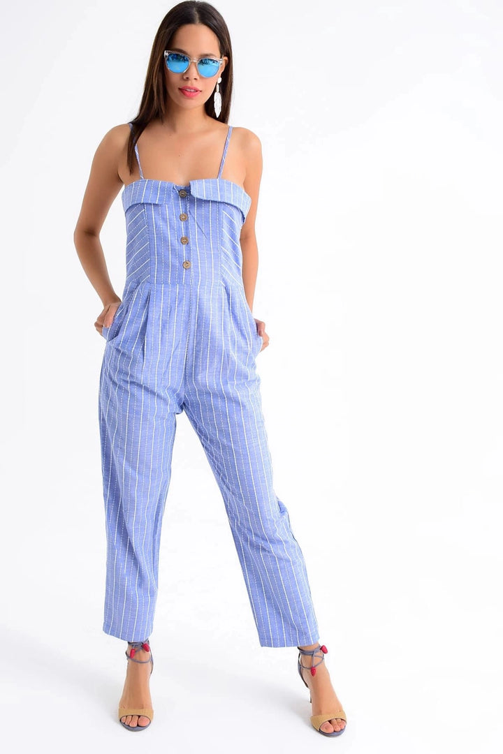 Blue Sleeveless Striped Buttoned Jumpsuit BCBSK-25700-K4200 - Menifee