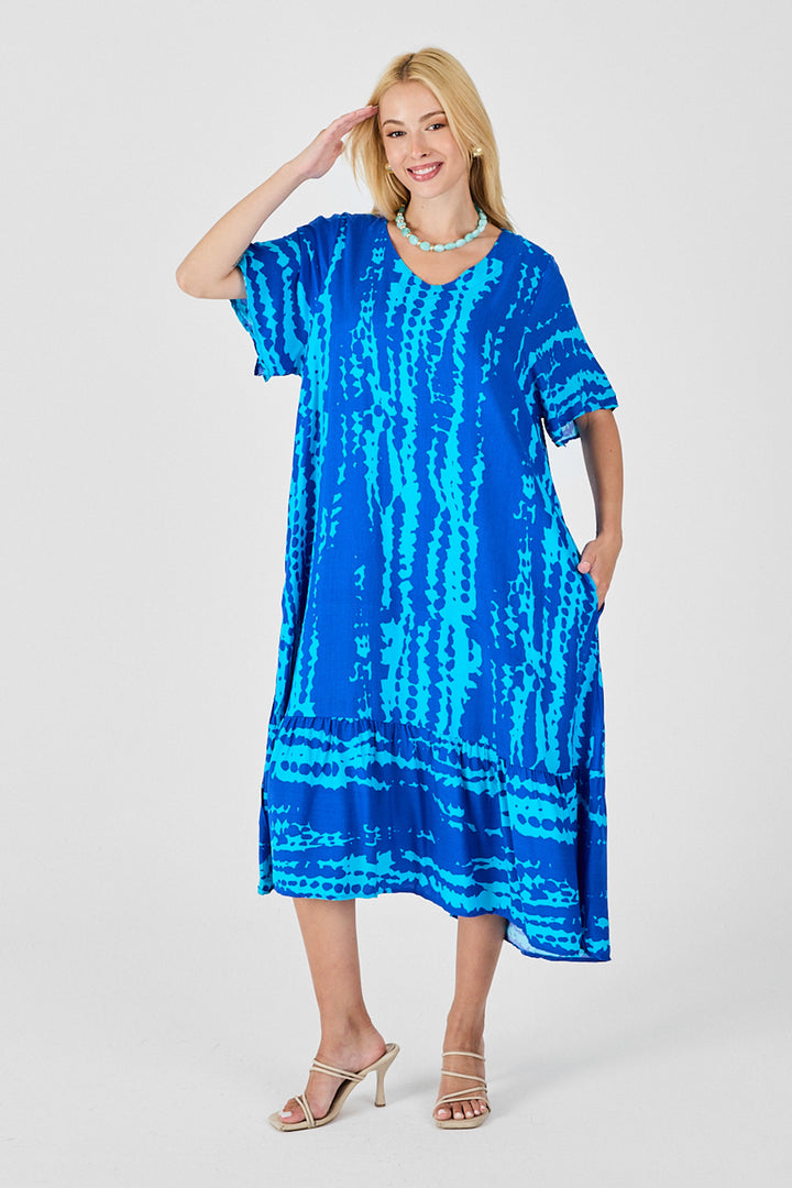 Blue Batik Pattern V-Neck Skirt Ruffled Oversized Dress BCVL-254023 - Hendon