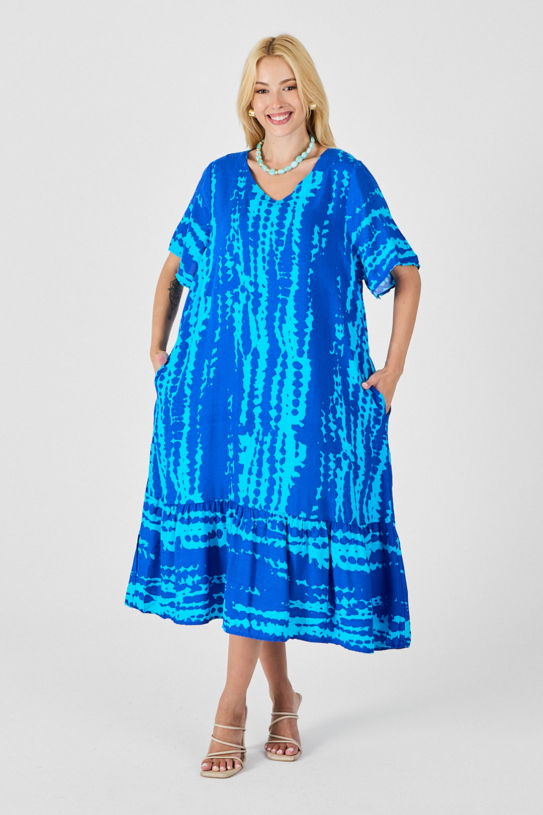 Blue Batik Pattern V-Neck Skirt Ruffled Oversized Dress BCVL-254023 - Hendon