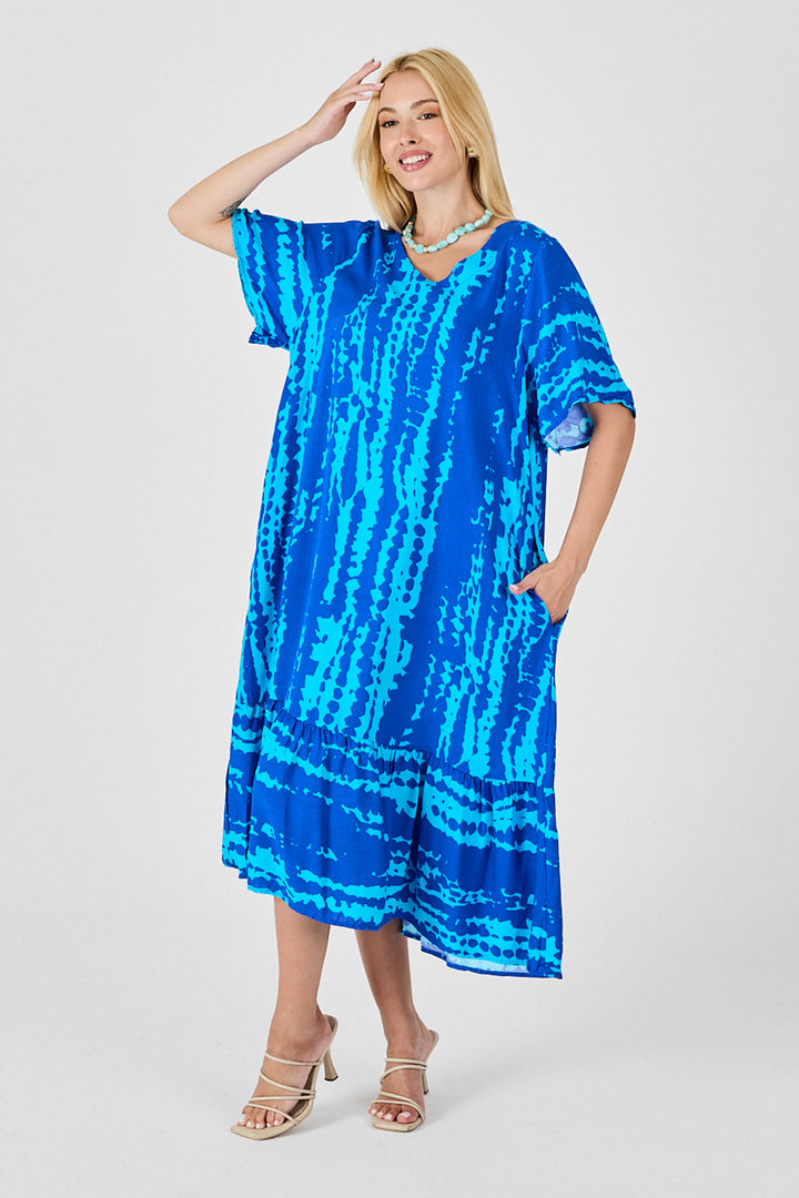 Blue Batik Pattern V-Neck Skirt Ruffled Oversized Dress BCVL-254023 - Hendon