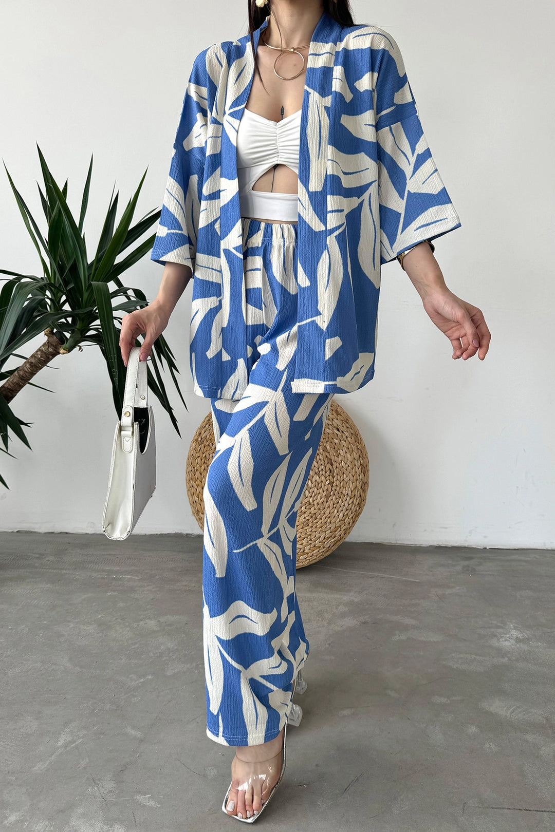 Blue Beige Patterned Krinkle Fabric Pants and Kimono Top Set BCDF-241201 - Apan