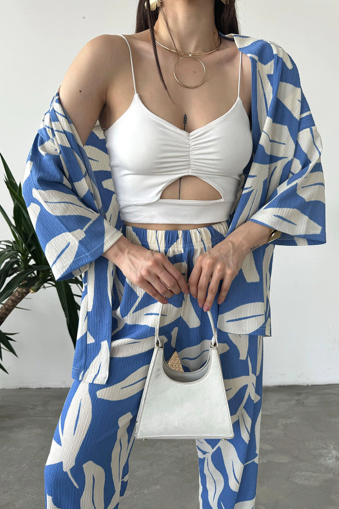 Blue Beige Patterned Krinkle Fabric Pants and Kimono Top Set BCDF-241201 - Apan