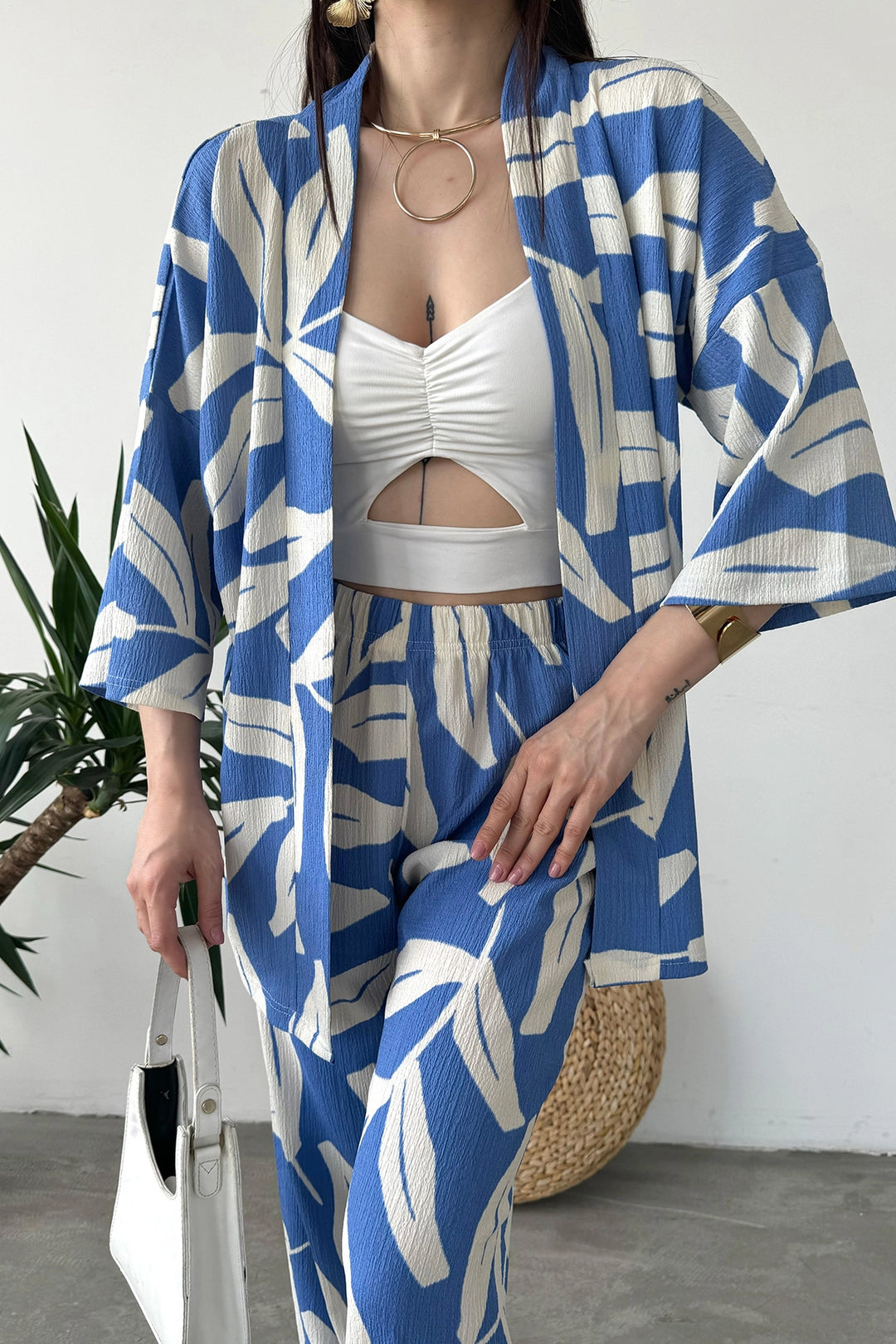 Blue Beige Patterned Krinkle Fabric Pants and Kimono Top Set BCDF-241201 - Apan