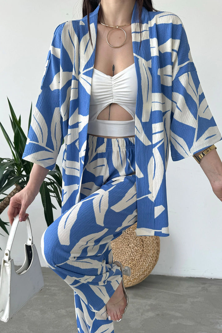 Blue Beige Patterned Krinkle Fabric Pants and Kimono Top Set BCDF-241201 - Apan