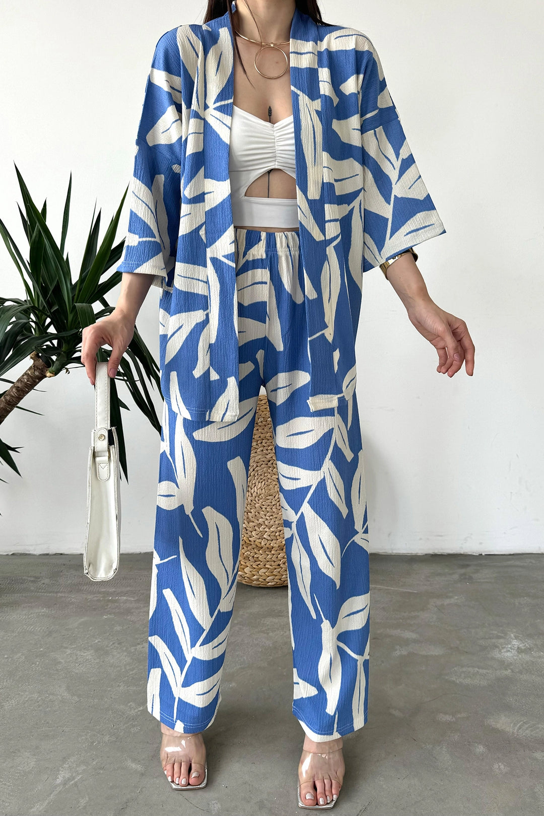 Blue Beige Patterned Krinkle Fabric Pants and Kimono Top Set BCDF-241201 - Apan