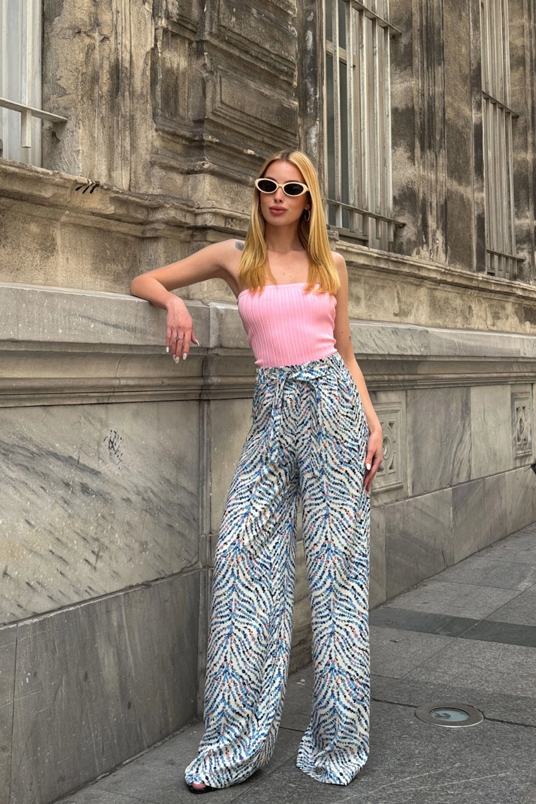 Blue High-Waisted Wide Leg Palazzo Summer Pants - Hemet