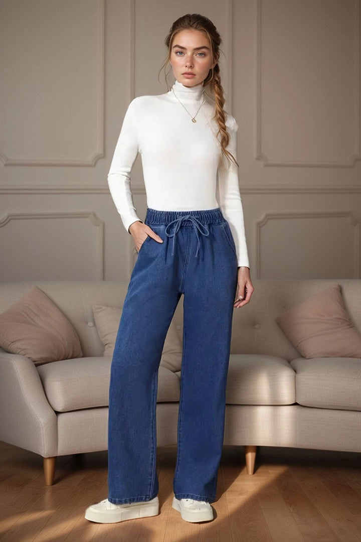 Blue High Waist Elasticated Wide Leg Pocketed Washed Denim Pants BCBSK-25700-KT-0088 - Greifswald