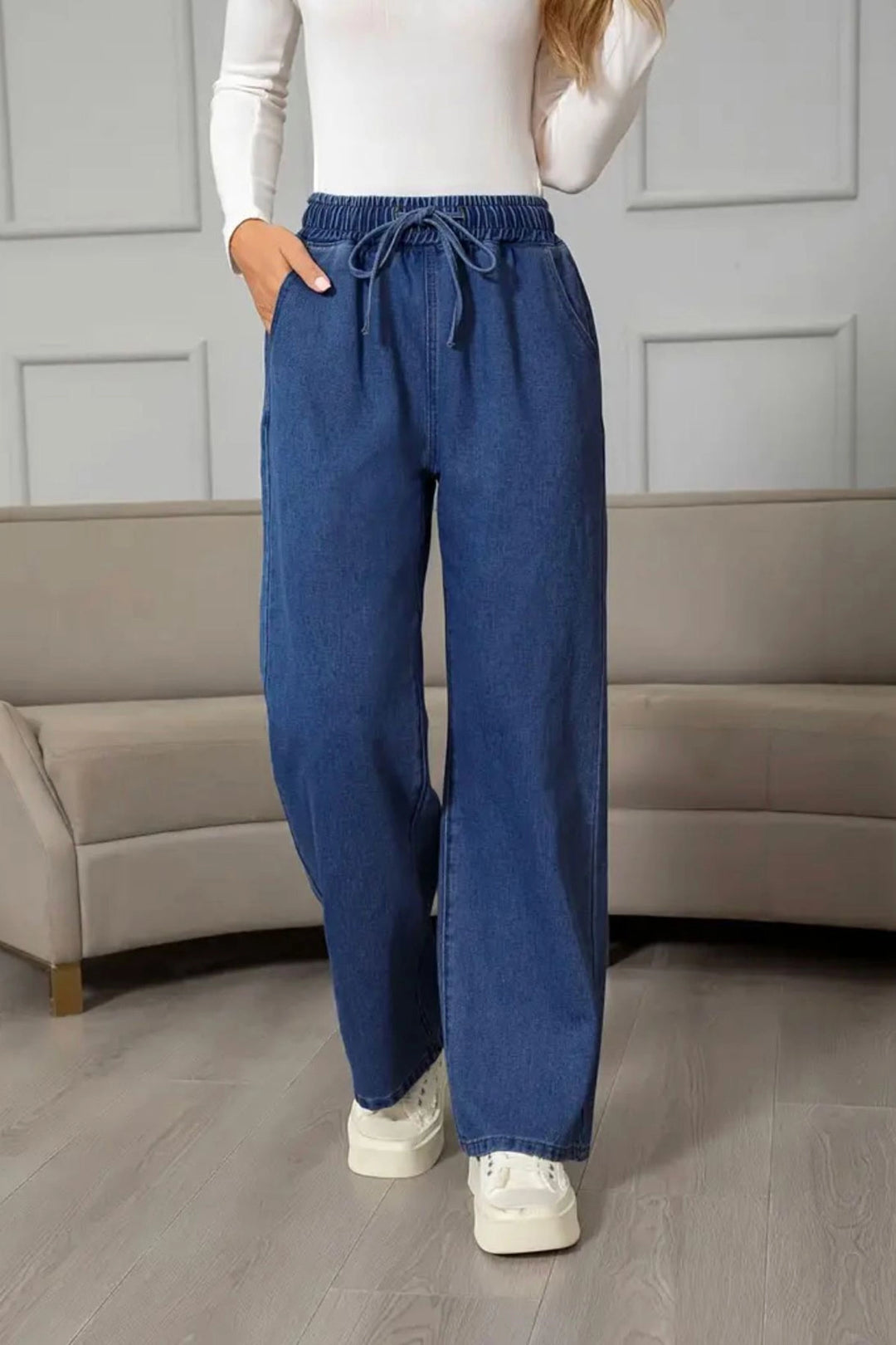 Blue High Waist Elasticated Wide Leg Pocketed Washed Denim Pants BCBSK-25700-KT-0088 - Greifswald