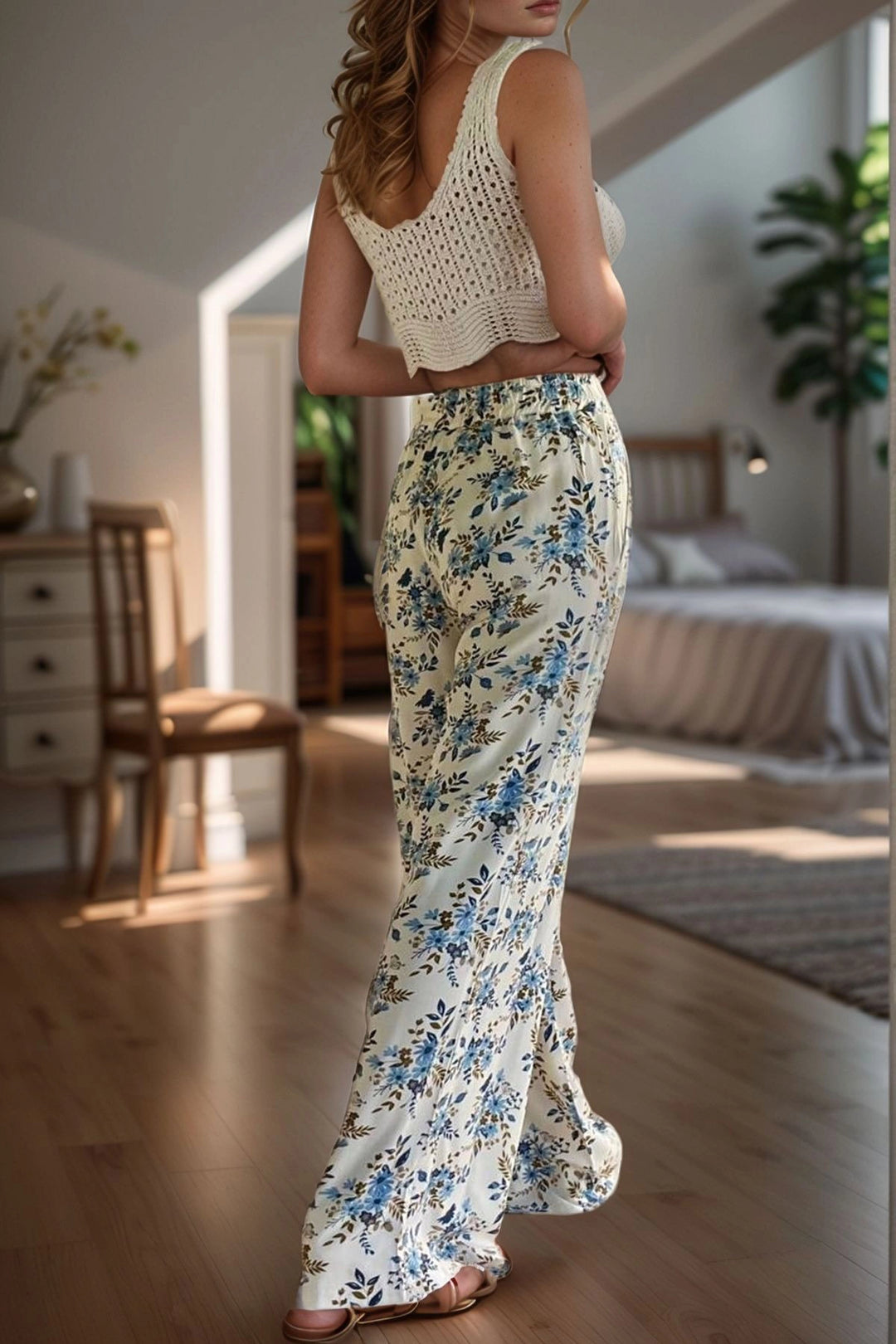 Blue High Waisted Elastic Waist Pocketed Patterned Wide Leg Pants BCBSK-25700-3644 - Lakewood Ranch
