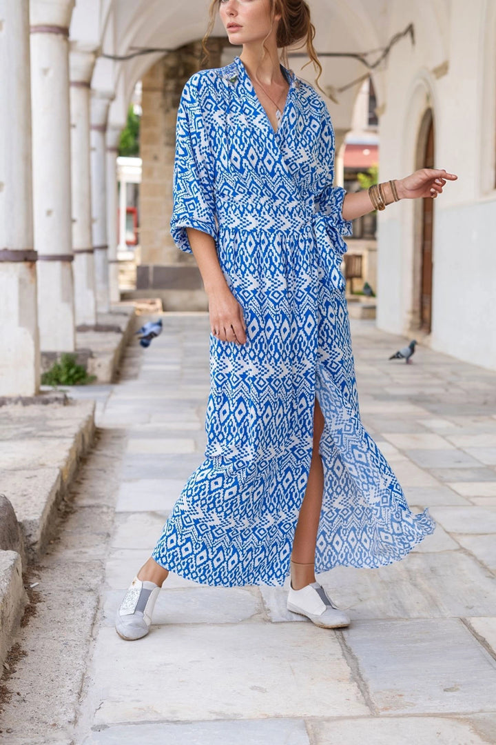Blue White Wrap Waist Tied Sleeve Elasticated Patterned Viscose Dress BCBSK-25700-3415 - Chernivtsi