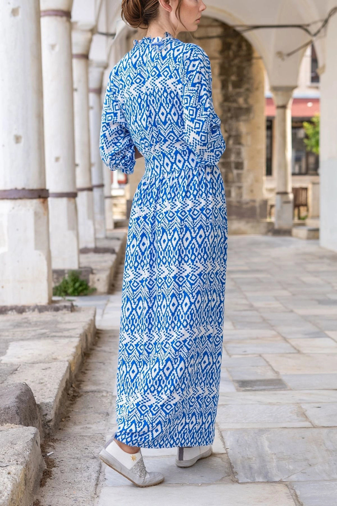 Blue White Wrap Waist Tied Sleeve Elasticated Patterned Viscose Dress BCBSK-25700-3415 - Chernivtsi