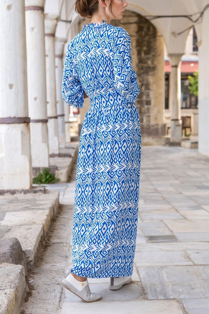 Blue White Wrap Waist Tied Sleeve Elasticated Patterned Viscose Dress BCBSK-25700-3415 - Chernivtsi