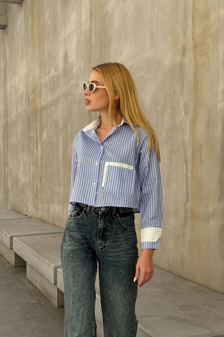 Blue-White Headline and Pockets Striped Oversize Crop Woven Shirt with Garnish BC231036 - Odivelas