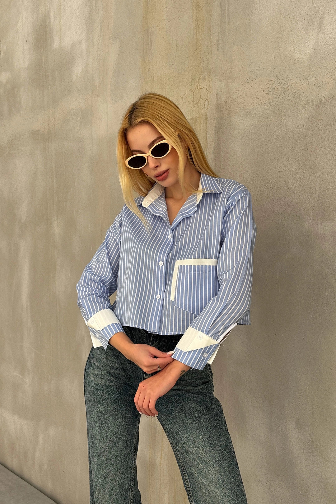 Blue-White Headline and Pockets Striped Oversize Crop Woven Shirt with Garnish BC231036 - Odivelas