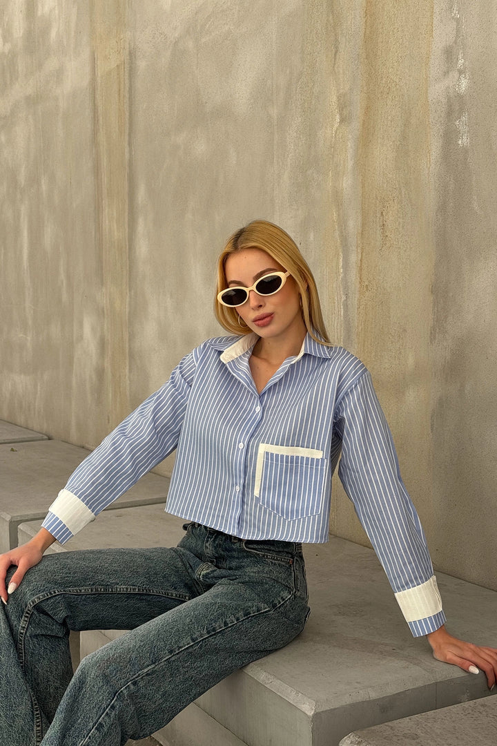 Blue-White Headline and Pockets Striped Oversize Crop Woven Shirt with Garnish BC231036 - Odivelas