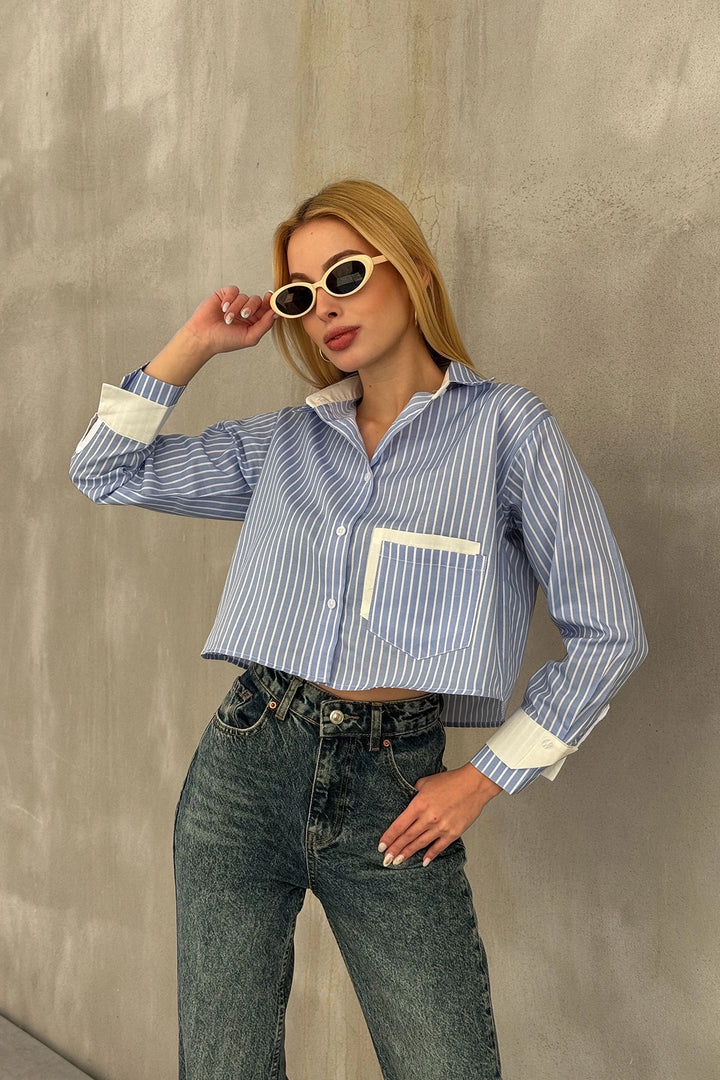Blue-White Headline and Pockets Striped Oversize Crop Woven Shirt with Garnish BC231036 - Odivelas
