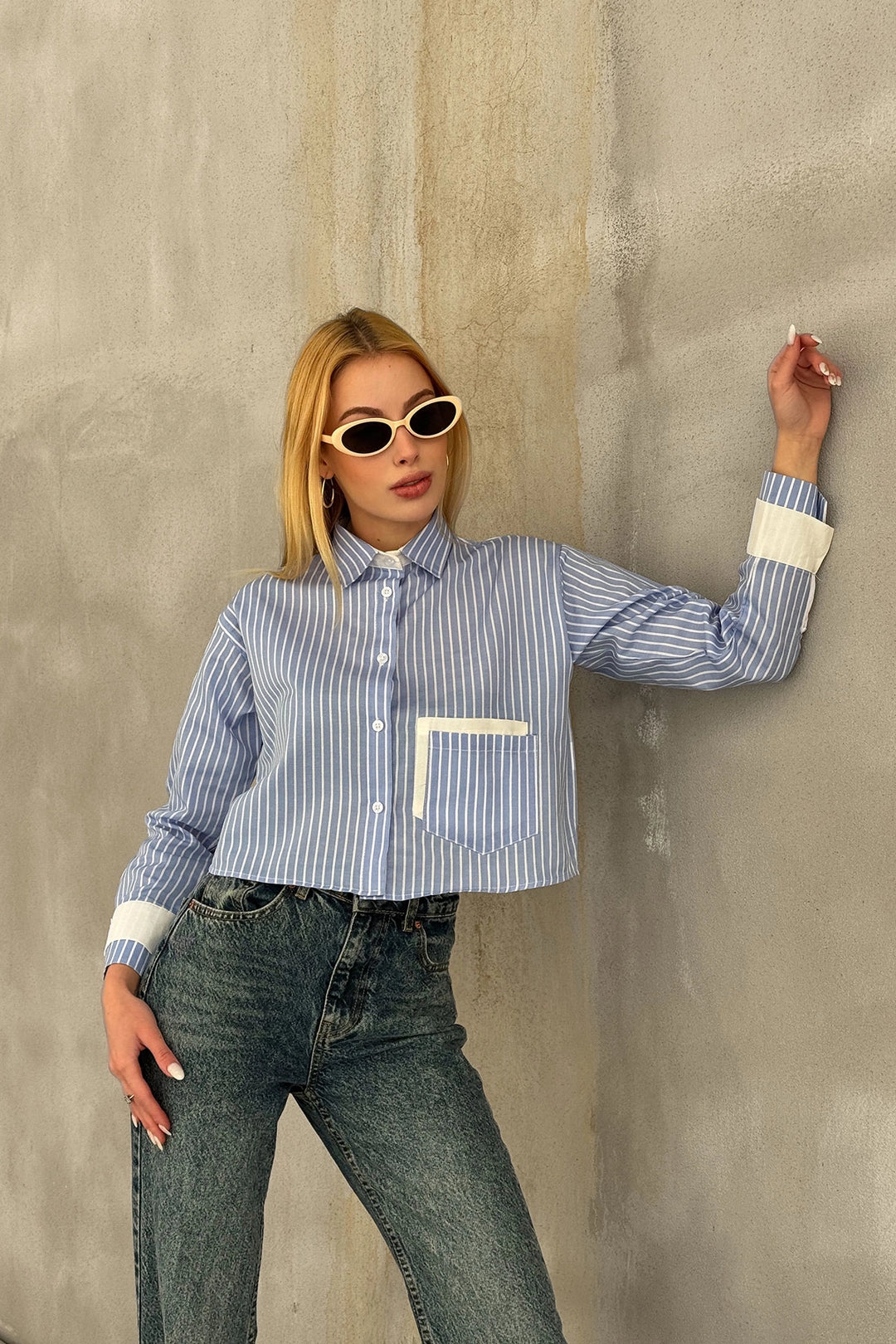 Blue-White Headline and Pockets Striped Oversize Crop Woven Shirt with Garnish BC231036 - Odivelas