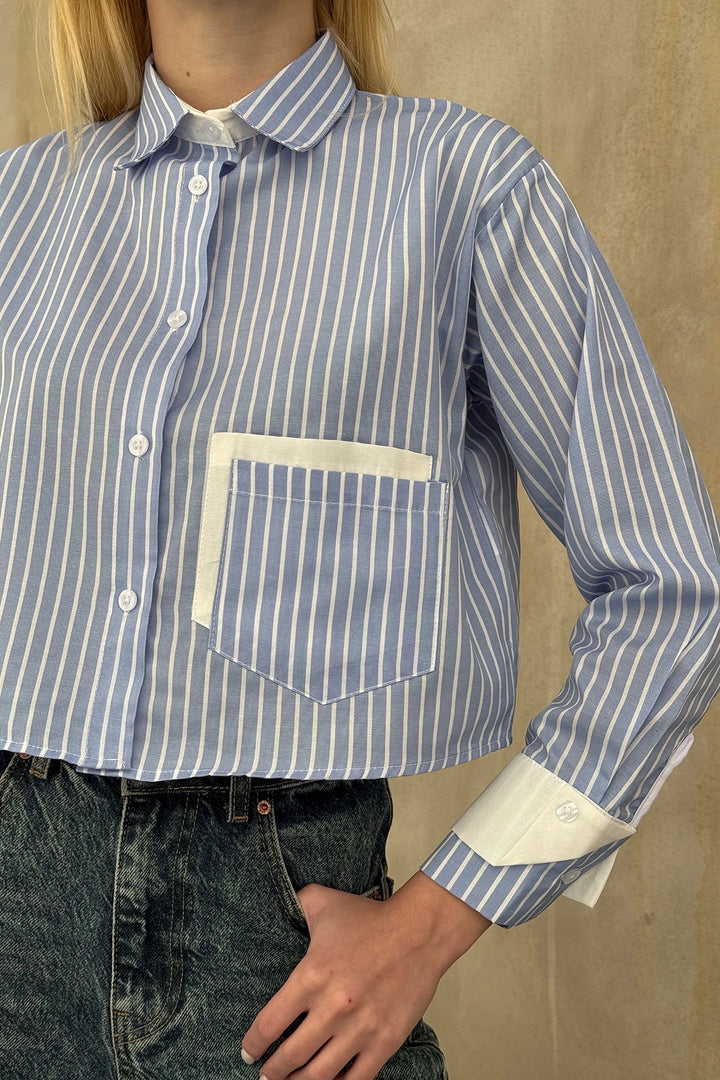 Blue-White Headline and Pockets Striped Oversize Crop Woven Shirt with Garnish BC231036 - Odivelas