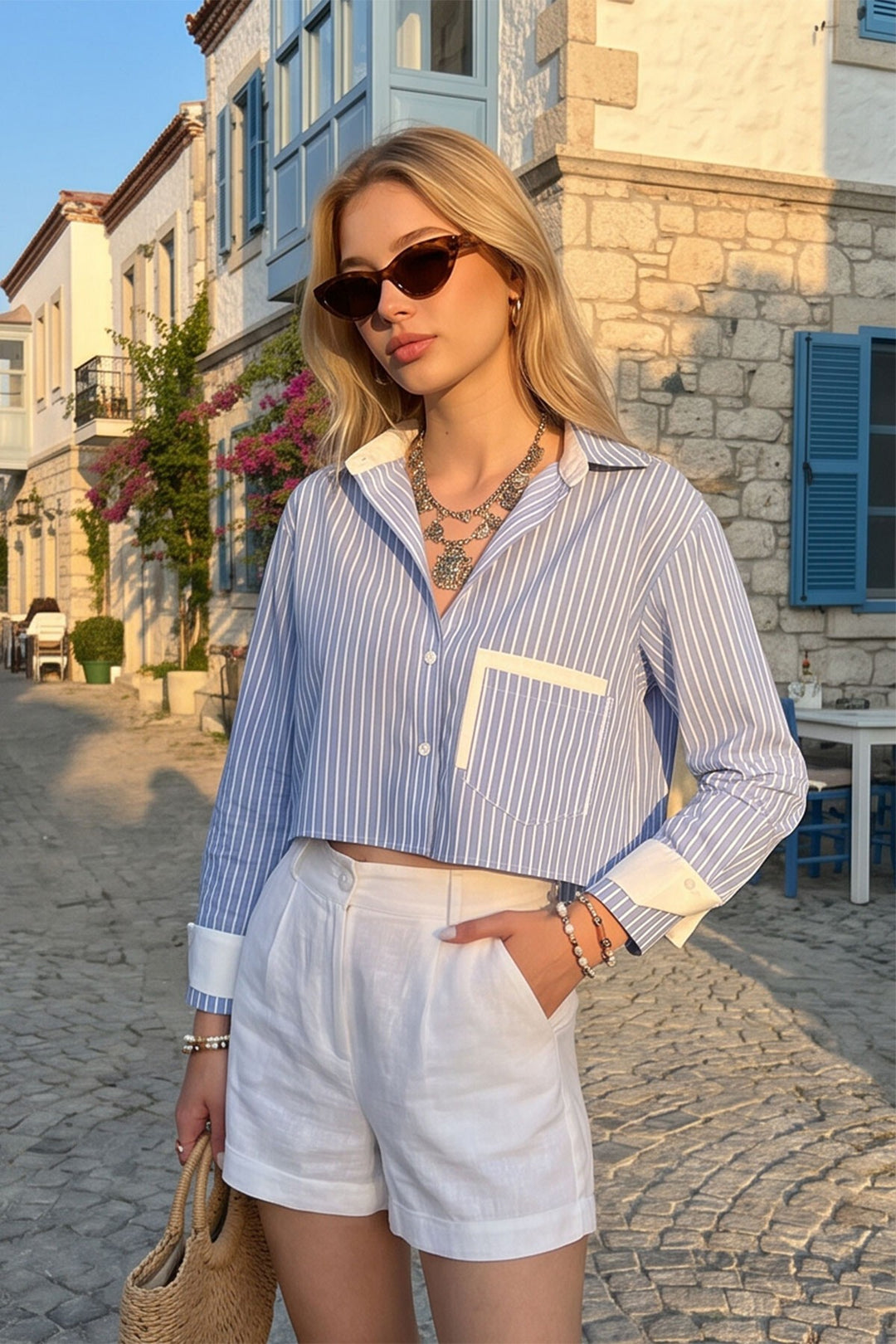 Mavi-Beyaz Manşet Ve Cepleri Garnili Çizgili Oversize Crop Dokuma Gömlek - Santiago Tianguistenco