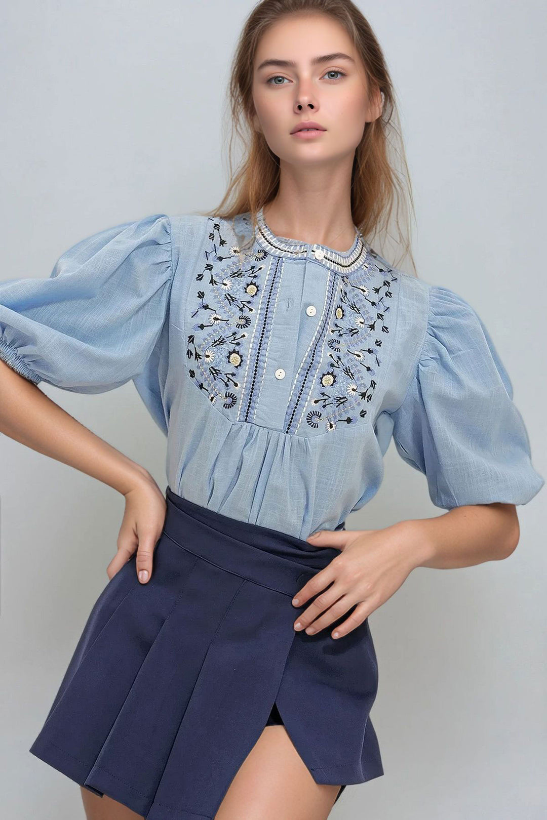 Blue Bicycle Button Detailed Embroidered Blouse BCHESQ-251014 - Peine